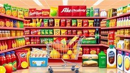 A design for a supermarket called (full market) filled with various fruit juices, various chips, various types of Fanta, Coca-Cola, Sprite, various famous chocolates, a full shopping cart, packaged cheeses, butter, and pasteurized milk, in cheerful, vibrant, and eye-catching colors.