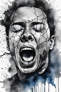 watercolor portrait from black and grey colors cracked human face with closed eyes and screaming mouth, high detalied, sharpen, crepy stunning, paint with fine line art, cinematic, blur background