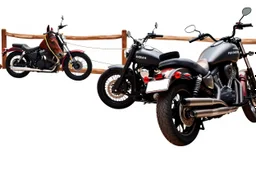 a harley davidson pan america 1250 motorcycle, next to a Indian Springfield Dark Horse motorcycle. next to a horse who's facing away and tied by the reins to a wood railing. white background. dirt ground. silkscreen style image