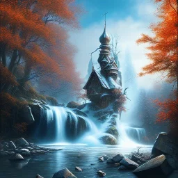 troll, giants throwing stones, spray painted fantasy art, book cover ,autumn icy water, statue in water