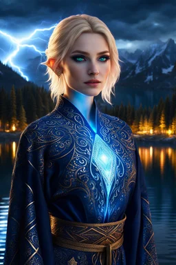 detailed eyes, female russian half elf, curvy, blonde short hairstyle, detailed glowing ornamental magical pattern form fitting robe, glowing gem crackling with lightning implanted on robe, 8k, high detail, lake background, midnight, facing viewer, front facing