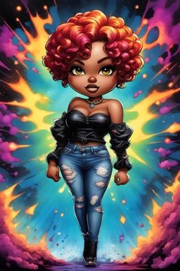 vibrant psychedelic comic book image, airbrush, 48k, cartoon art of a chibi curvy black female wearing torn jeans pants and a black tie dye off the shoulder blouse. Prominent make up with lush lashes. Highly detailed short pixie cut