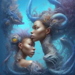 sango fantasy, fantasy magic, intricate, sharp focus, illustration, highly detailed, digital painting, concept art, matte, artgerm and paul lewin and kehinde wiley, masterpiece sexy lips Hawaiian afro lips black African lady body mermaid lionfish head blue space lady beach sea under water mermaid seaweed