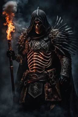 a warrior with his chest made of bones and eyes made of smoke. dark horror setting. terrifying horror backgrund. blood, guts, gore. visceral. fighting a fiend.