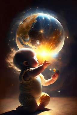 A baby playing with a globe containing the secrets of the universe with an imploding sun in the background and stars flying by