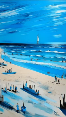 A blue soothing beach with an arena painted by Pablo Picasso