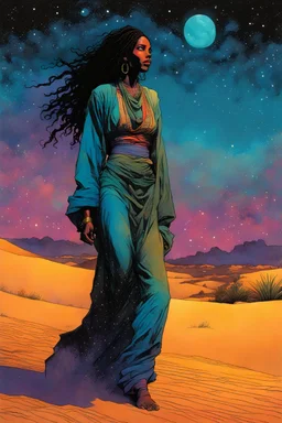 create an imaginative full body illustration of a Tuareg female, in traditional dress, with finely detailed facial features, short dreadlock hair, in a lush Saharan oasis under the midnight sky, in the comic book art style of Bill Sienkiewicz, Mike Mignola, and Jean Giraud Moebius, finely textured, drawn, colored, and inked