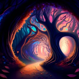 A painting of magical dreamscape with twisted trees in a tunnel of love with soft colors 4K HD
