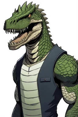 Anime man side character with dark , hybrid with dinosaur,small muscles, aged 30, wearing a dinosaur superhero suit but the head is human