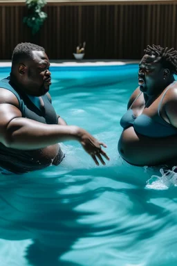 two obese black men fighting in a swimming pool