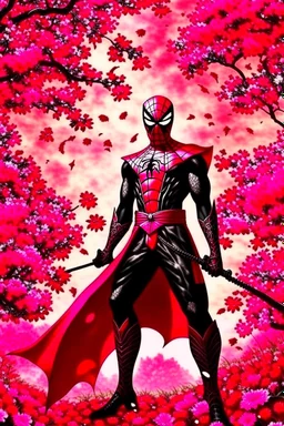 Spider-Man in black and red kimono background the pink Sakura tree