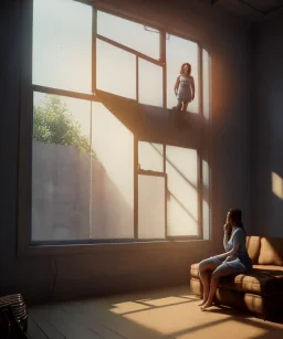 Realistic image, super giant woman inside a house, looks out through the windows. people on the street are watching him, soft color, highly detailed, unreal engine 5, ray tracing, RTX, lumen lighting, ultra detail, volumetric lighting, 3d, finely drawn, high definition, high resolution.