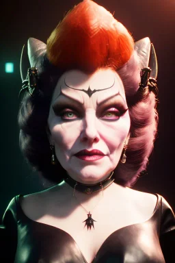 Mae West as evil queen in black leather, leather, busty, cleavage, angry, stern look. character design by cory loftis, fenghua zhong, ryohei hase, ismail inceoglu and ruan jia. unreal engine 5, artistic lighting, highly detailed, photorealistic, fantasy