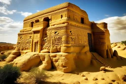 An Egyptian golden palace in a brown rocky desert designed in native American petroglyphs painted by Antoni Gaudi