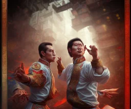 mdjrny-v4 style, twin plain clothed American kung fu artists in Chinatown in a fighting stance, dramatic lighting, epic photo, volumetric lighting, detailed, photo realistic, by drew struzan, cinematic