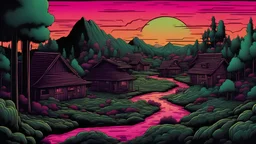 comic style, 80's landscape, wooden city in nature, negative space, space quixotic dreams, temporal hallucination, psychedelic, intricate details, sunset neon colors with a lot of green and deep black background, 4K, very high contrast, chiaroscuro