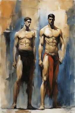 Alex Maleev, unused cover illustration, 2005: [flesh: two Archaic Greek Kouros brothers from Argos, in flesh] Kleobis and Biton, Delphi