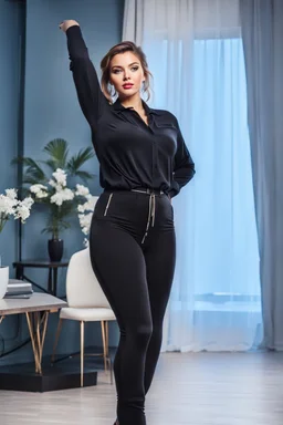 full body of very beautiful girl gean pants and blouse , curvy hair ,standing in studio pretty makeup,perfect face,sport shoes