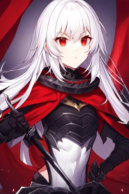 Vampire knight, long white hair, black full plate armor, red cape, cyan eyes