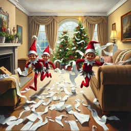 Christmas elves running through living room with toilet paper streaming behind them, toilet paper covering furniture in living room, oil painting, chaotic, mischievous elves, Christmas tree