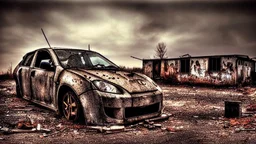 A Tesla's 'Model S Plaid' is parked, in the post-apocalyptic world of the 'Terminator' movies. CINEMATIC. WIDE ANGLE LENS. PHOTO REAL.