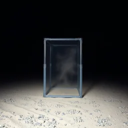 A photo of a dark, closed studio with a plastic structure at the center. The structure encloses a blurry element. The surface below appears to be rocky, with accumulations of sand. The background is blurred and misty, revealing trees. The photo was taken with an excellent camera.