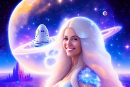 very beautiful cosmic women with white long hair, smiling, with cosmic dress and in the background there is a spaceship with light below and a bautiful sky with stars and light beam