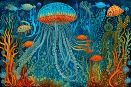 An indigo ocean with jellyfish designed in Oaxacan alebrijes painted by Vincent van Gogh