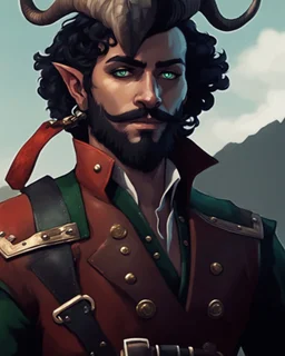 fantasy demon tiefling horned, small ram horns, white skin, ashey complexion, rogue scoundrel happy go lucky, cheeky smile, gunslinger pirate pistol, pirate gear, yellow shining cat eyes, black neck length hair, short black beard, green jacket, leather ammo belt,