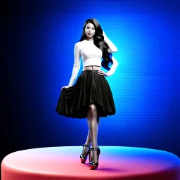 a beautiful black and white art picture of fashion model lady posing with cute and with high heels,midy skirt, pretty stage made of metallic blue-gray teme 3d recursive cubic and sphere base structures and the scene is in color,makeup curvy long hair.