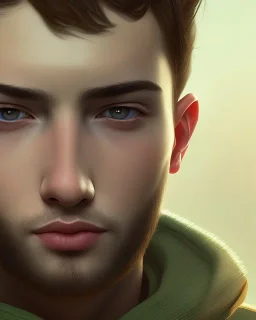 boy, cute, young, brown hair, green eyes, short hair, close up, head and shoulders portrait, head and shoulders portrait, 8k resolution concept art portrait by Greg Rutkowski,