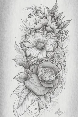 line tattoo design, neo traditional, flower, detailed