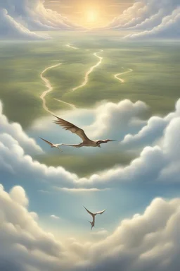 The creation of the world by God. In front of us is a valley with a beautiful landscape, where beautiful animals roam, pterodactyls fly in the sky, beautiful clouds and God in the clouds