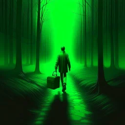 leaving home , a lonely figure with a suitcase, on a road from a dark neon city to an forest in the distance bathing in green light