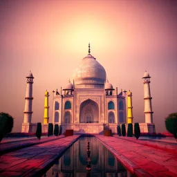 The Taj Mahal, Hindistan, sunset, fantasy art, flying birds, springs, landscape, beautiful, realistic, hyper detailed, unreal engine 5, octane render