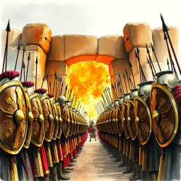 Scene from the movie "300" with a row of Spartans in a phalanx alignment with elaborate shiny Spartan Shields lined up in a row, watercolor and ink, dramatic, arrows in the air, background is a fiery rock gate