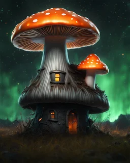 A solitary floating mushroom house on a clear night. silver and green and orange, Dark cosmic interstellar. Detailed Matte Painting, deep color, fantastical, intricate detail, splash screen, hyperdetailed, insane depth, concept art, 8k resolution, trending on Artstation, Unreal Engine 5, color depth, backlit, splash art, dramatic, High Quality Whimsical Fun Imaginative Bubbly, perfect composition