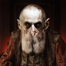 very grainy discolored modern photo, closeup portrait, dark ancient hall with no lights, grunge, extremely old male with chalk-white skin wearing old dashing and opulent gilded clothes, threatening, imposing, nosferatu