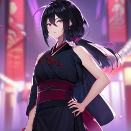 Clear focus, High resolution, Black hair, low small ponytail, purple dead eyes, japanese outfit, serious expression, one arm on hip, other hand free, purple red white and black outfit, skirt, slit in skirt, ahoge, (solo), hair between eyes