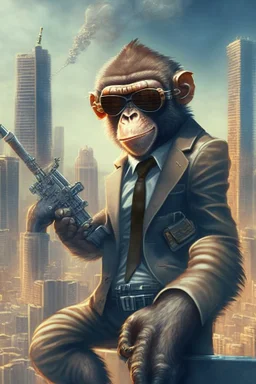 criminal monkey with a machinegun and sunglasses. Realistic image, City Background, monkey wearing a suit, smoking a cigar. Monkey is very trained