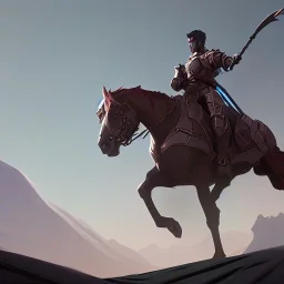 knight riding on a horse through thee mountains