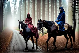 hooded monk on horseback in the forest