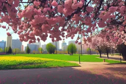 city, flowers, trees, sunny day, spring