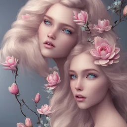 femme long cheveux blond yeux bleus , 8k resolution, flower magnolia lotus rose, beautiful portrait, 8k resolution, flower head and body, beautiful