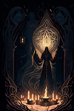 Delve into the mysterious and enigmatic world of the occult with a captivating digital illustration that explores esoteric symbols and mystical elements. Create a scene where an occult practitioner, adorned in intricate robes and surrounded by arcane artifacts, performs a ritual in a dimly lit chamber. The atmosphere is charged with mystical energy, as candles cast flickering shadows and the air is heavy with incense. Intricate sigils and symbols adorn the walls, while ancient grimoires and spel