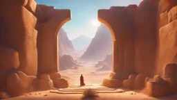 an ancient portal. magic light. stone golems. desert. cinematic lighting, hyper realisme, Hyperrealistic, splash art, concept art, mid shot, intricately detailed, color depth, dramatic, 2/3 face angle, side light, colorful background