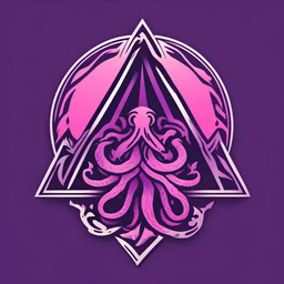 a simple design for an emblem. The emblem is two triangular shapes on top of each other with outlines of a kraken. The colors is purple, pink and dark green.