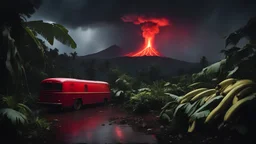 bananas, thick jungle, night darkness, red bus, distant erupting volcano, rain, award-winning colour photograph, beautiful composition, chiaroscuro