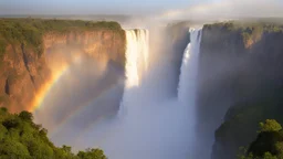 Victoria Falls in Zambia, brilliant waterwall casting a heavy mist at the bottom, brilliant rainbow, kaleidoscope of colours, award winning nature photography for a travel magazine, dramatic