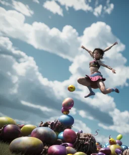 Ultra realistic speed clouds sky scene, wide angle view, child falling down with many Children background, inflatable monsters, circus dress style, feather color, free jumping flying, many trinkets, hair monster, many jelly beans, balls, color smoke, smile, happy, extreme, wind, clouds sea, 20,000 feet altitude, stratosphere, soft color, highly detailed, unreal engine 5, ray tracing, RTX, lumen lighting, ultra detail, volumetric lighting, 3d, finely drawn, high definition.